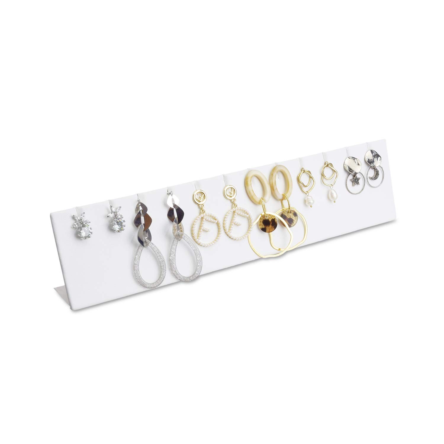 MOOCA Earring Display Stand, 12″ W x 1 5/8″ D x 2 H, White Faux Leather
