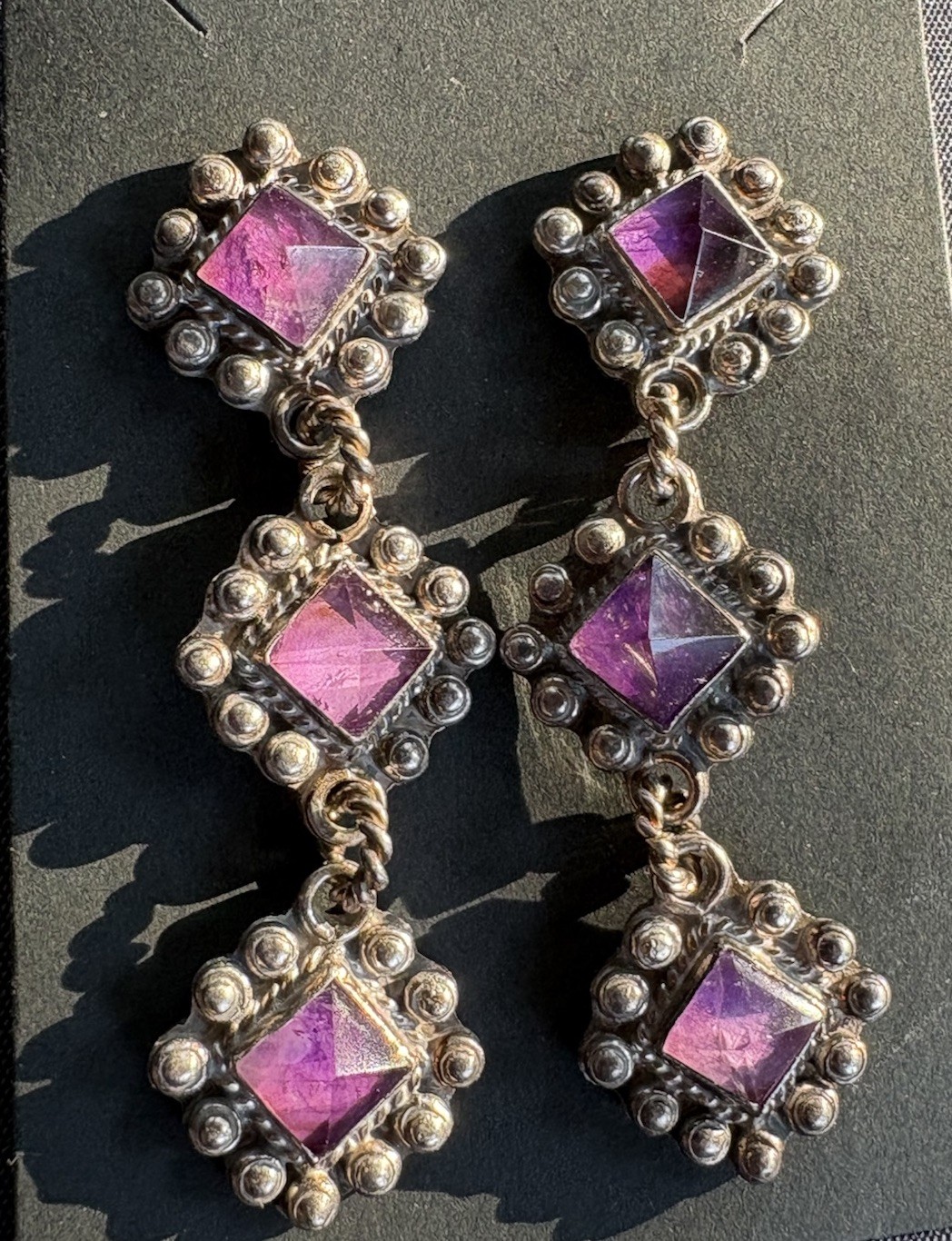 Vintage Pyramid Amethyst Sterling 2.75” Earrings 32g signed NM 925 Mexico RARE