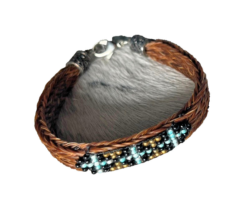 Western Womans Bracelet 8 x 3/8 in Cross Horsehair Bead Lobster Brown Multicolor