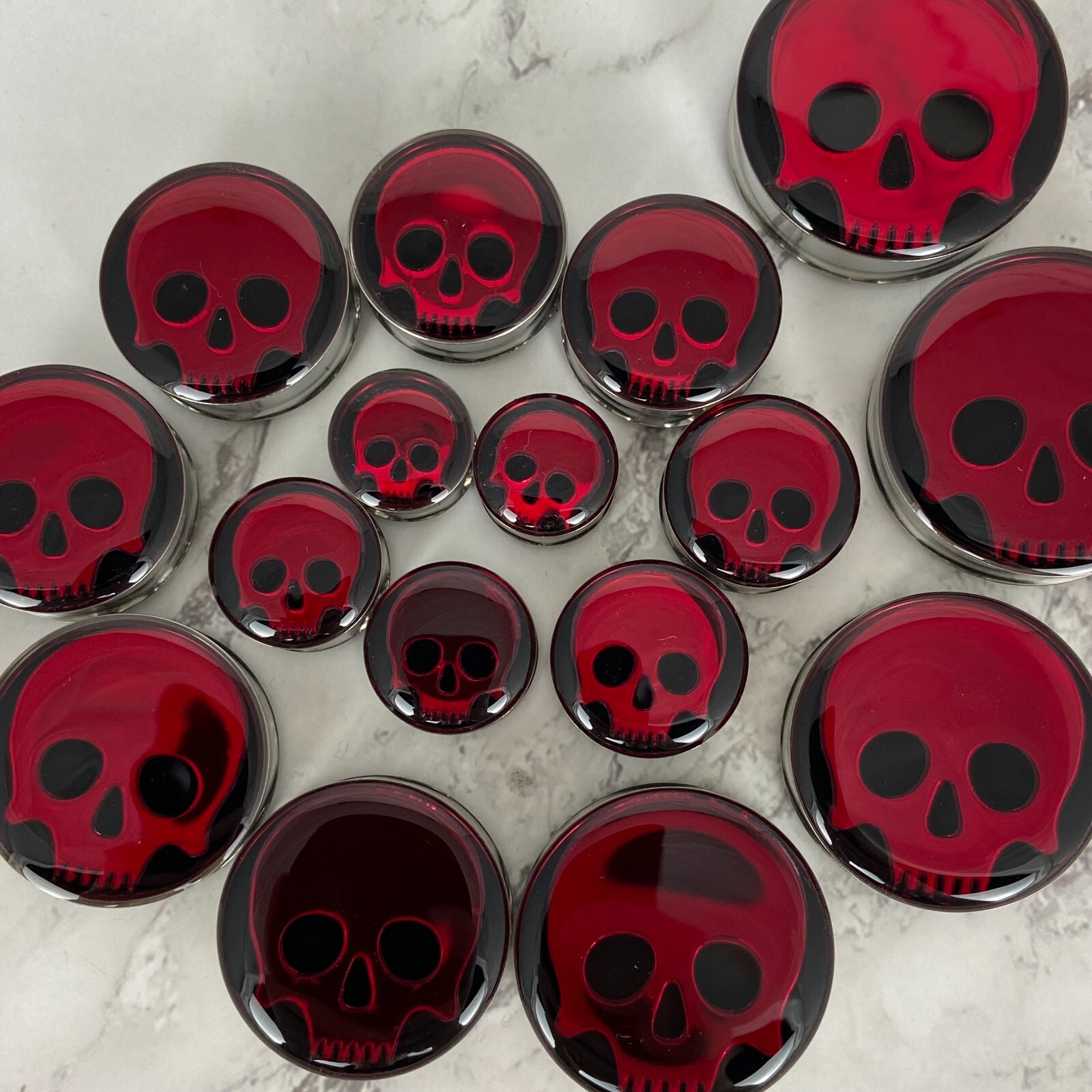 Pair of Embedded Red Chrome Skull Double Flare Plugs gauges tunnels