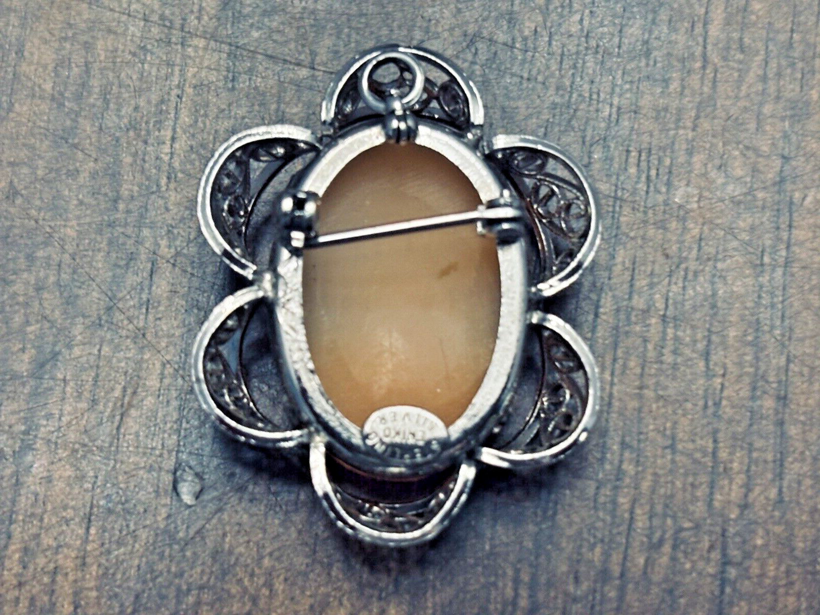 Sterling Silver Eniko Brooch Pendant with Cameo and Filigree Design 1 x 1 3/8 In