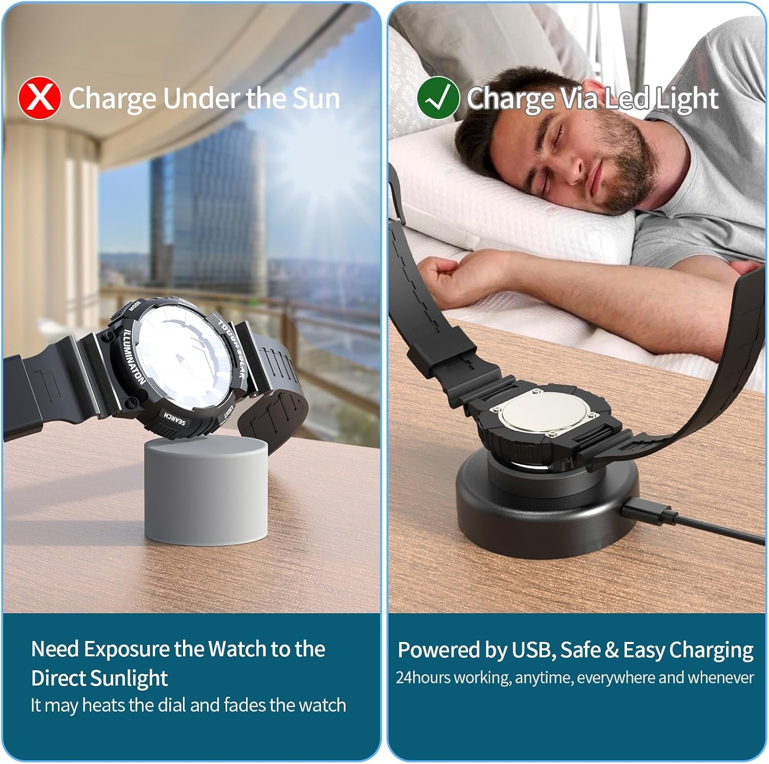 Solar Watch Charger, 8H Timing Off with Men, Women & Square 3 Caps, LED UV Light