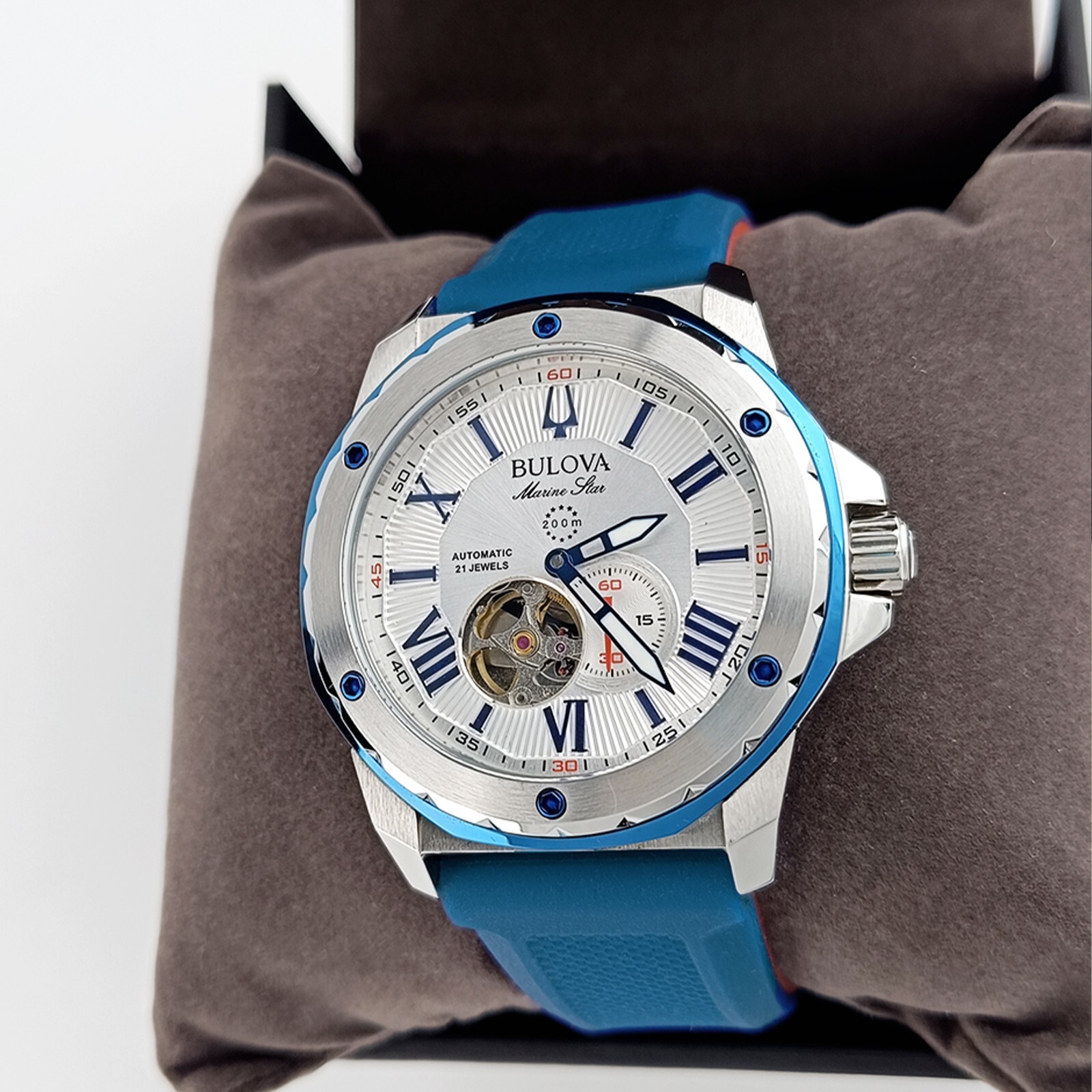Bulova Marine Star White Dial Blue Rubber Strap 98A225 Automatic Men Watch 45mm