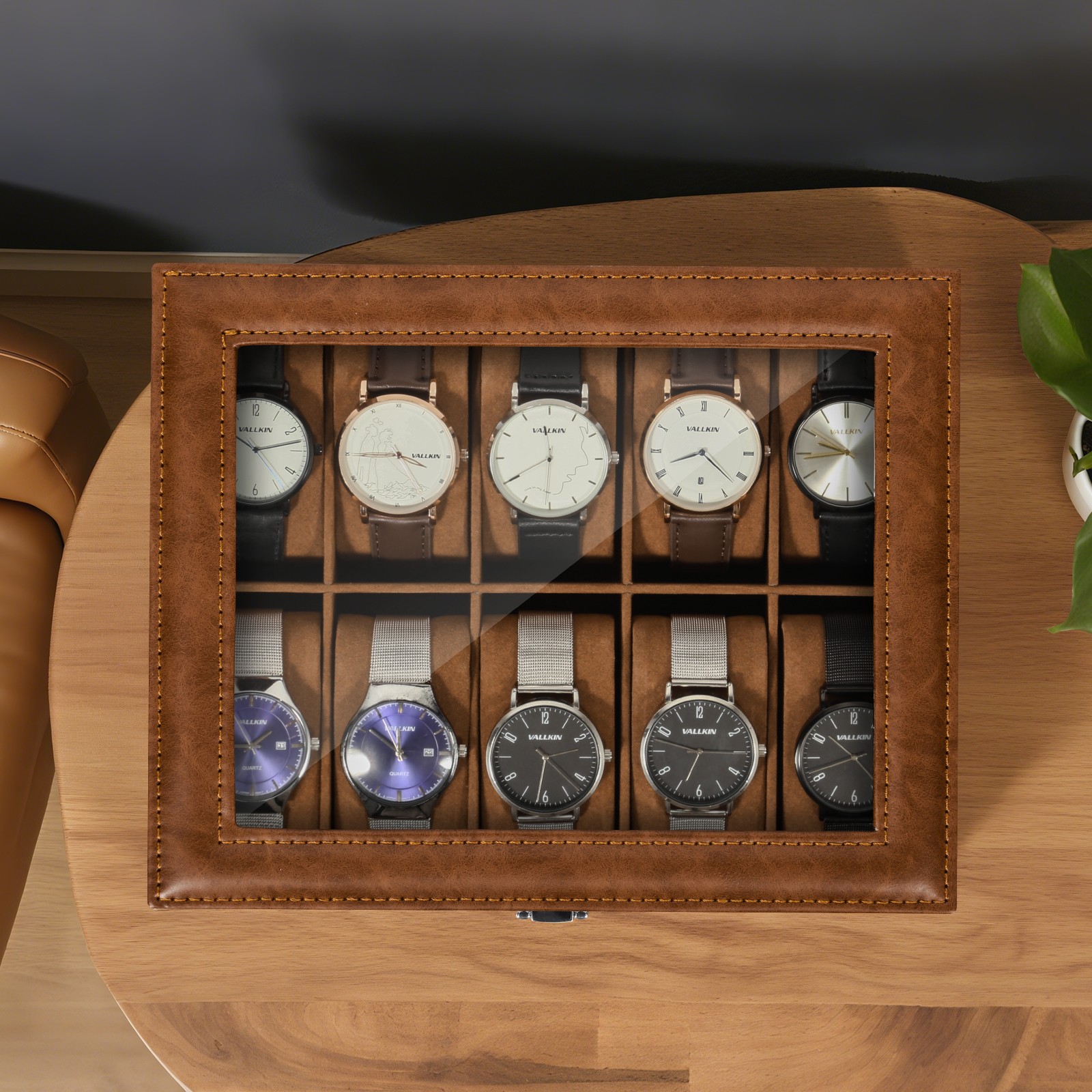 10 Slots Watch Box PU Leather Display Case Jewelry Organizer Box w/Glass Lid NEW