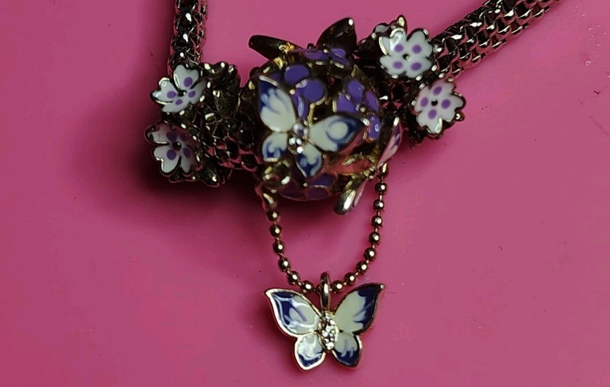 WOSTU 925 Sterling Silver Mystic Purple Flower Butterfly Charm Mesh Bracelet Set