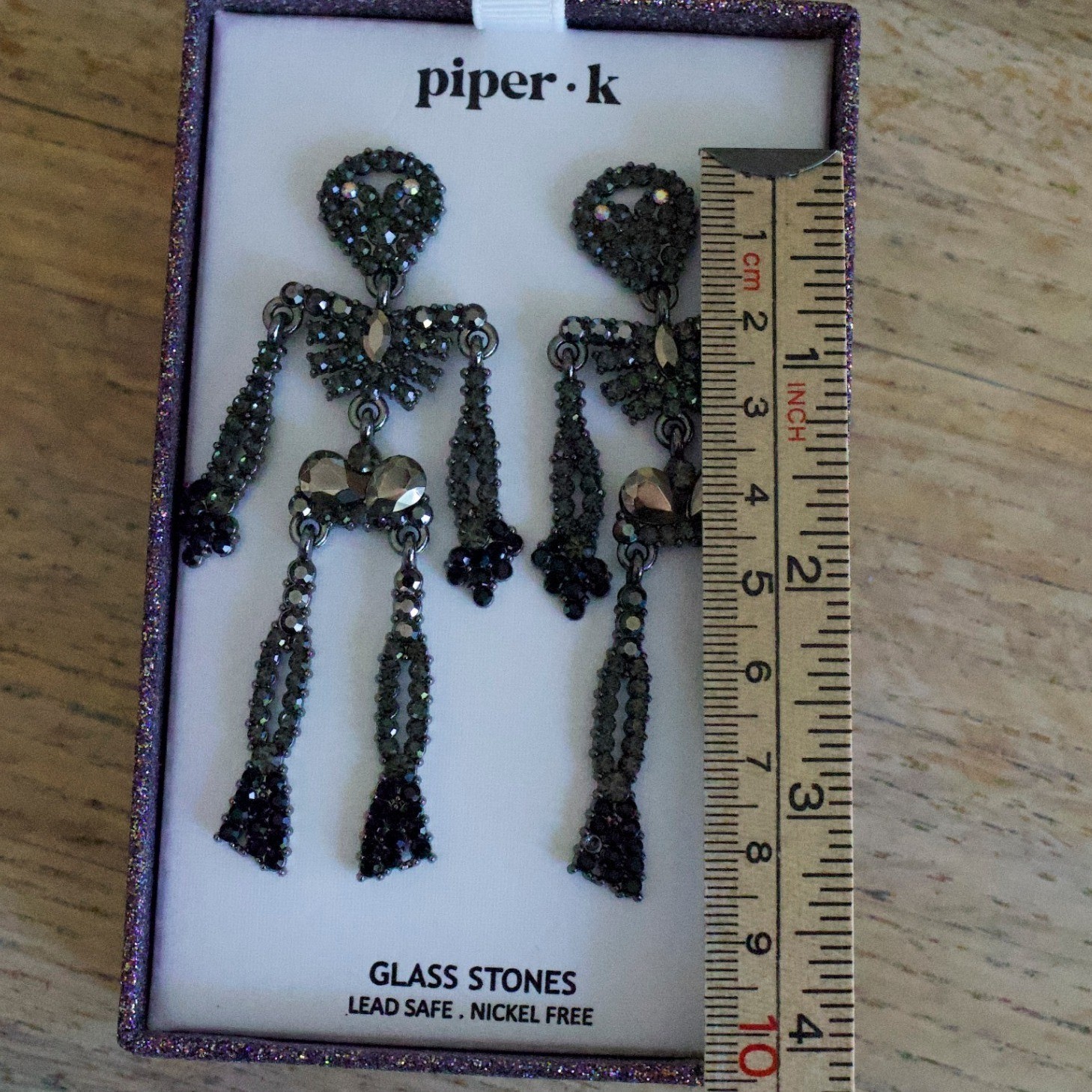 NEW Piper K Skeleton Drop Earrings Rhinestone Gunmetal Halloween Goth Statement