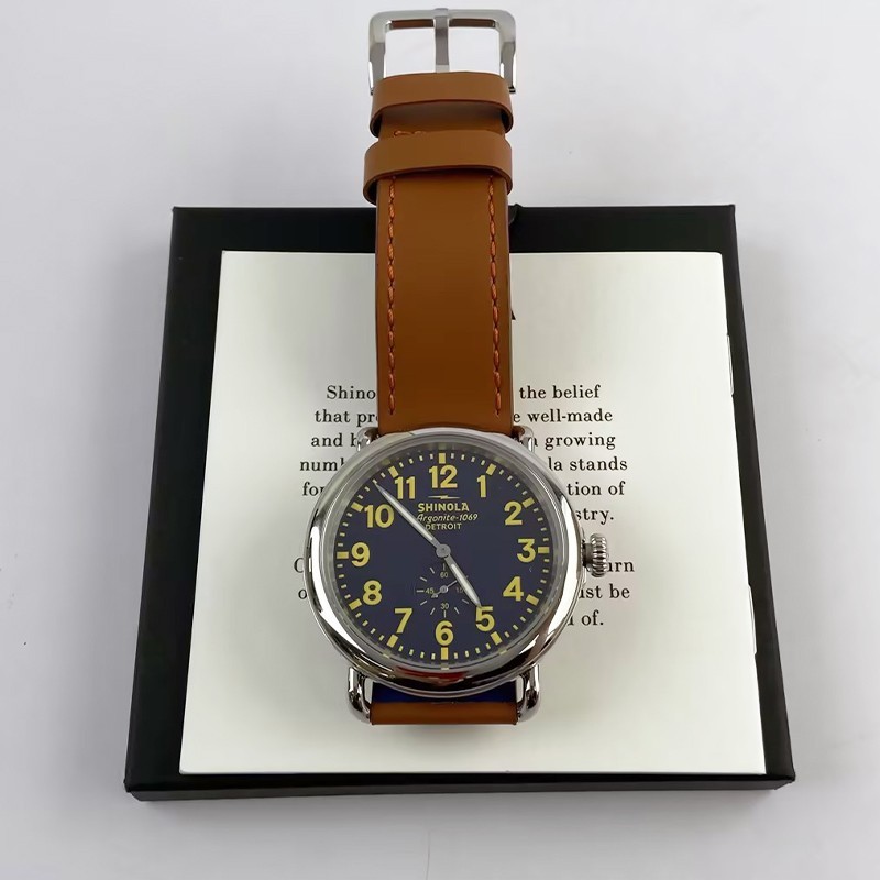 Men Shinola Runwell Argonite 1069 Black Dial Quartz New Watch 47mm Leather Strap