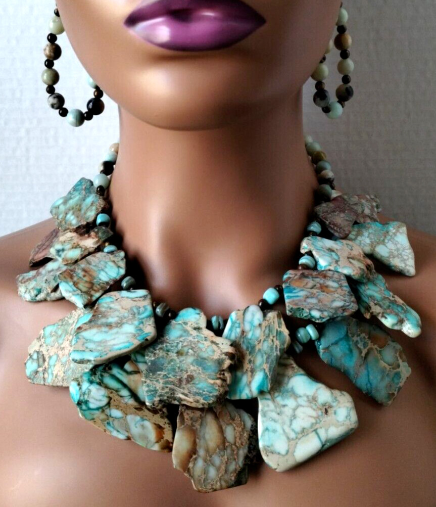 Slab Impression Jasper Blue Brown Amazonite Tigers Eye Huge Double Strand 273G