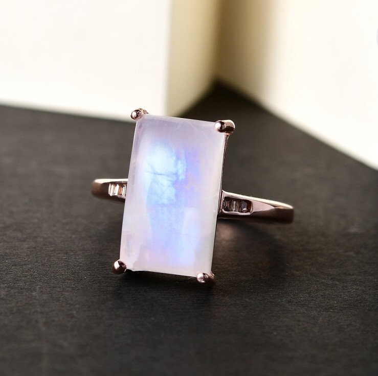Moonstone And Diamond Ring Vermeil Rose Gold Sterling Silver S9 ( 5.85ctw)