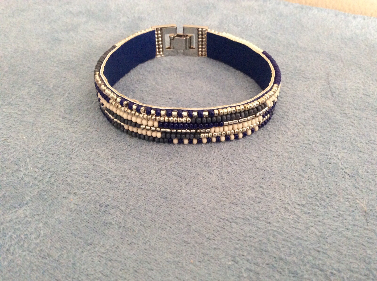 Blue White Silver Seed Bead Band Boho Bracelet Silver Fold Over Clasp Elegant