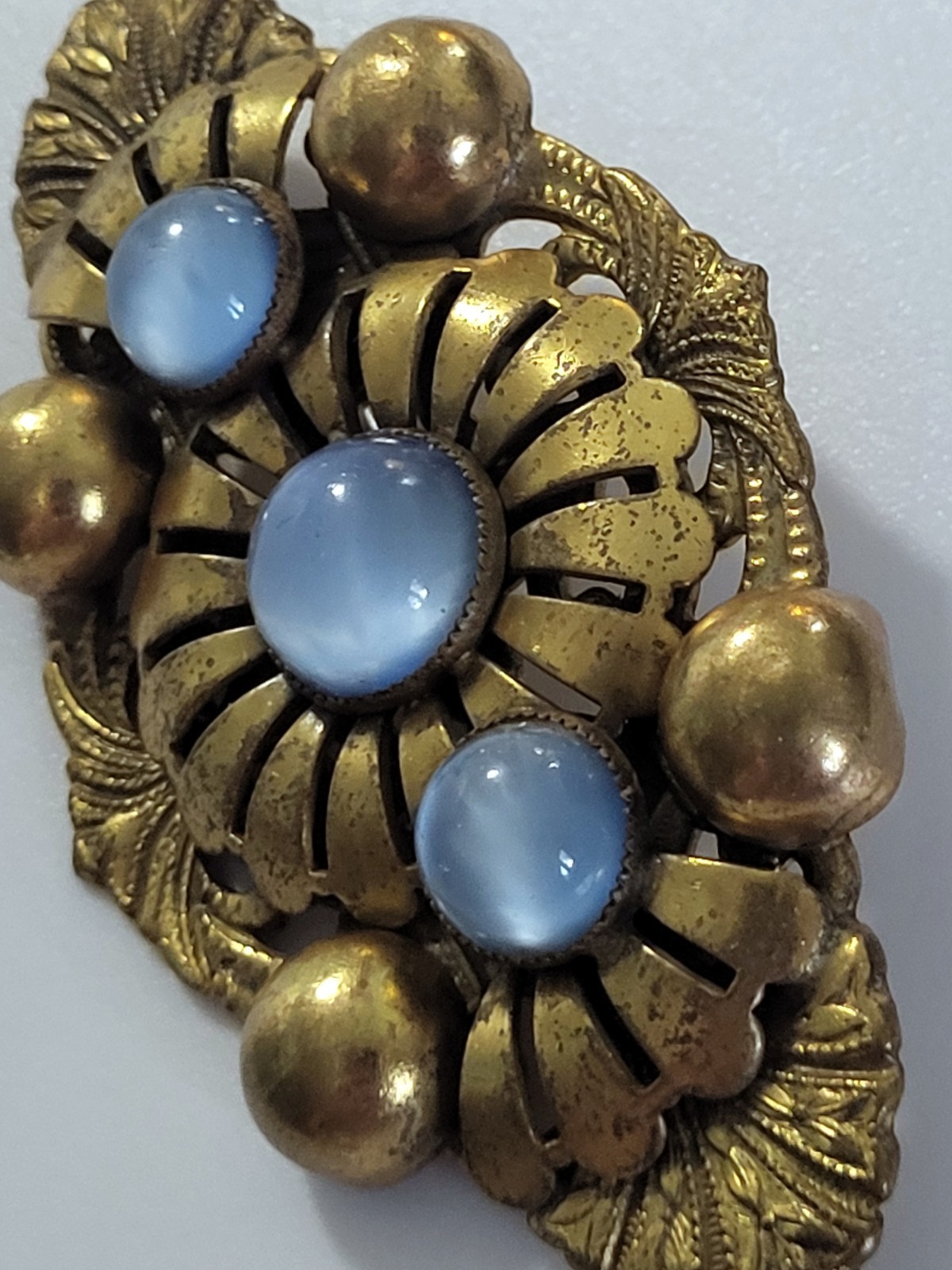 Antique Brooch Brass Three Blue Moonstone Layered 1920-1935 Art Deco