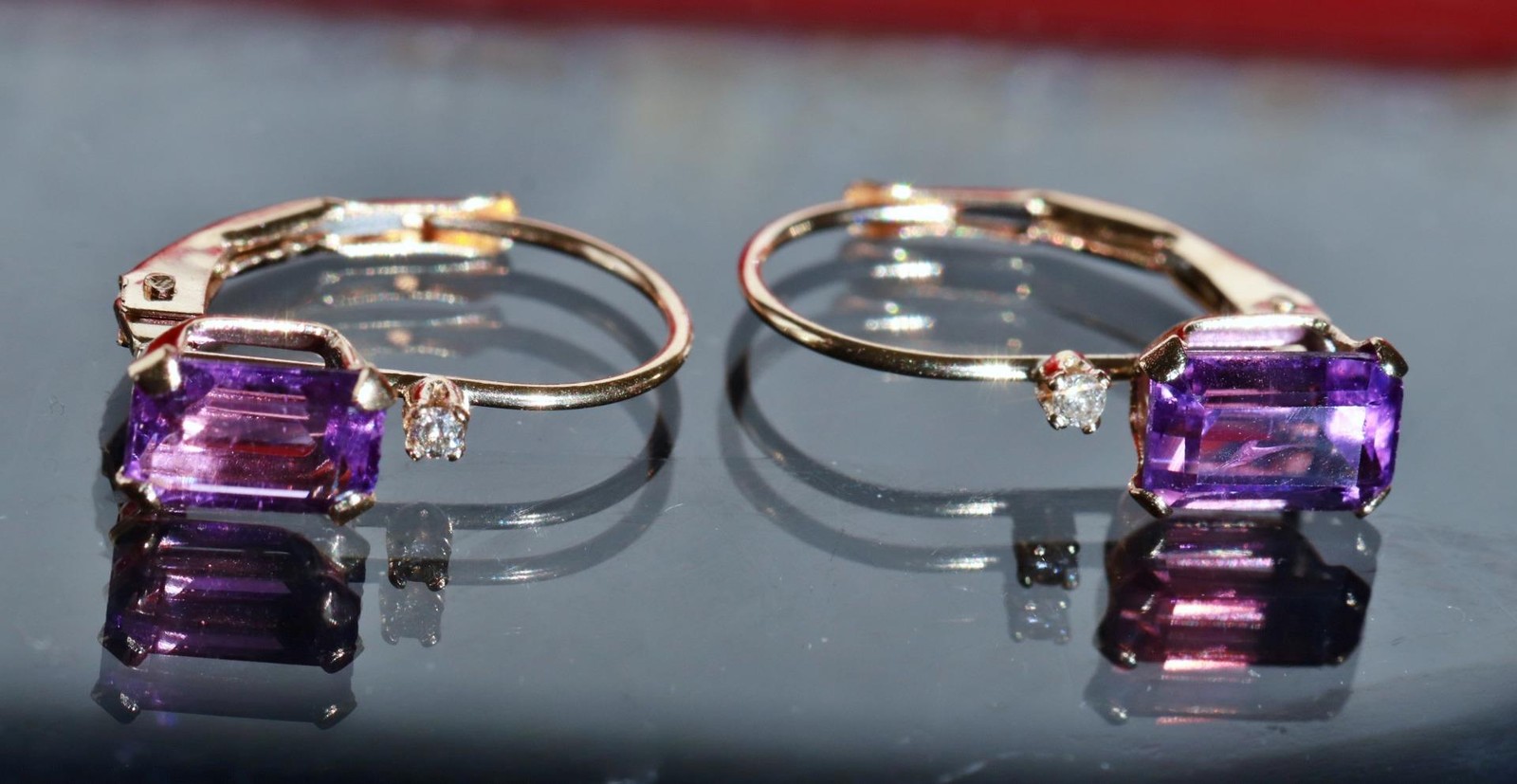 14k yellow gold earrings 0.82ct amethyst diamond 0.61″ dangle 0.91gr N3685