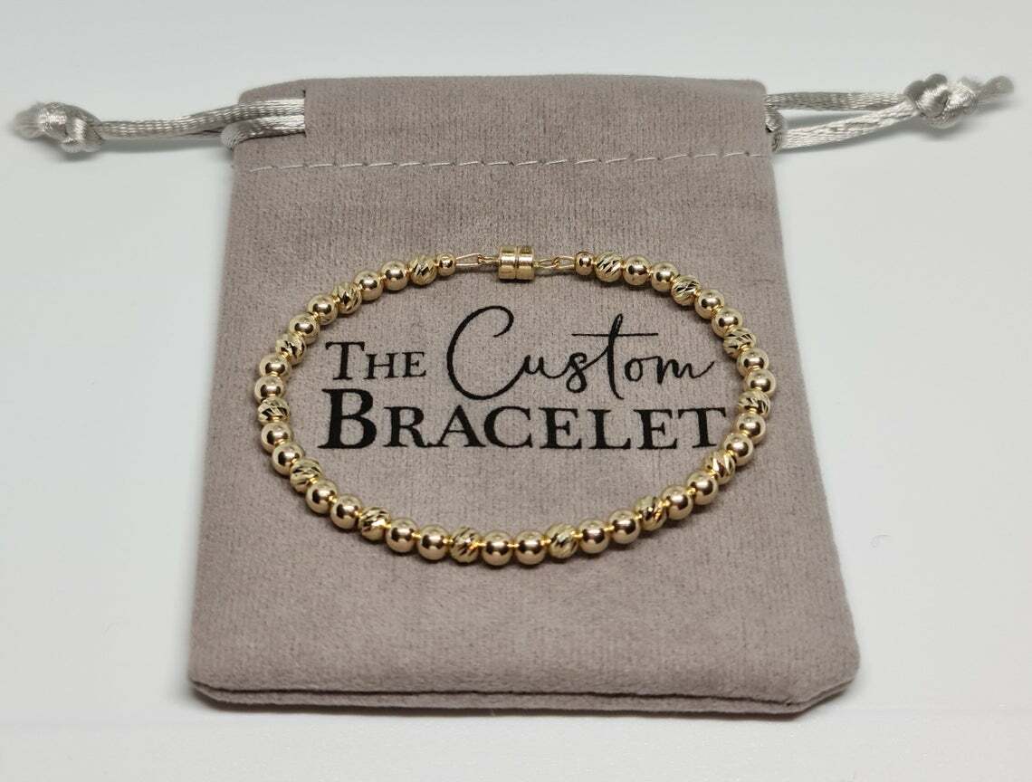 14K Solid Yellow Gold Bar Cut Faceted/Smooth Round 4mm Magnetic Unisex Bracelet