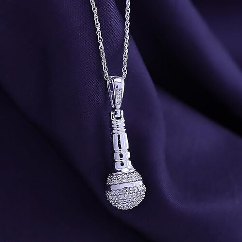 Microphone Pendant 18″ Necklace 925 Sterling Silver Round Cut Cubic Zirconia