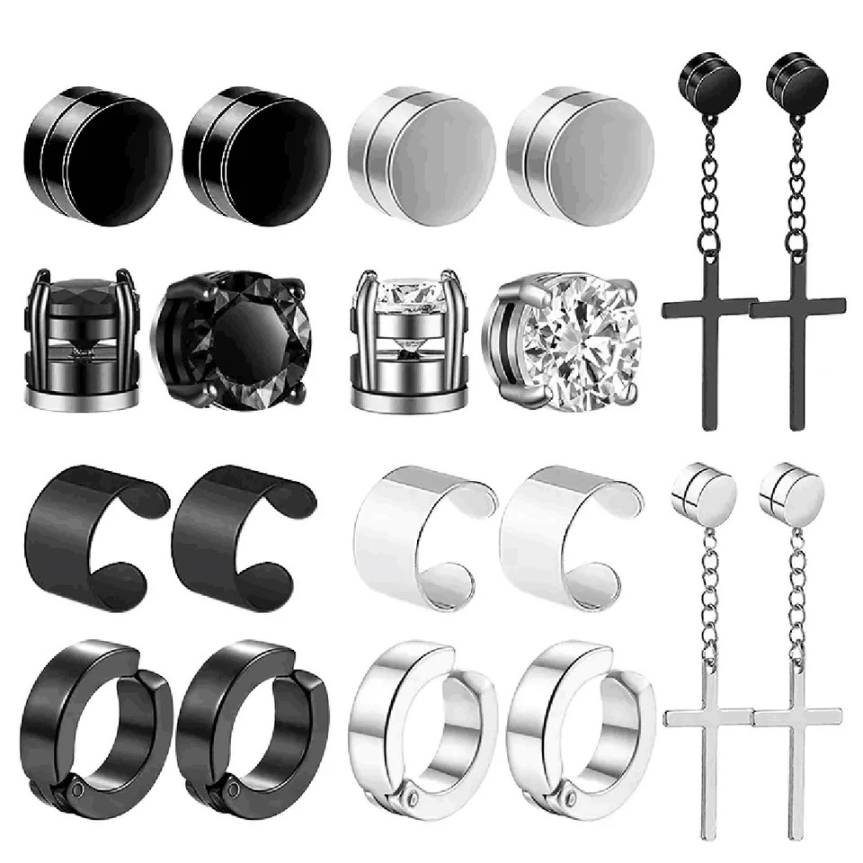 10 Pairs Magnetic Earrings Round Zircon Leaf Design Steel No Piercing Men