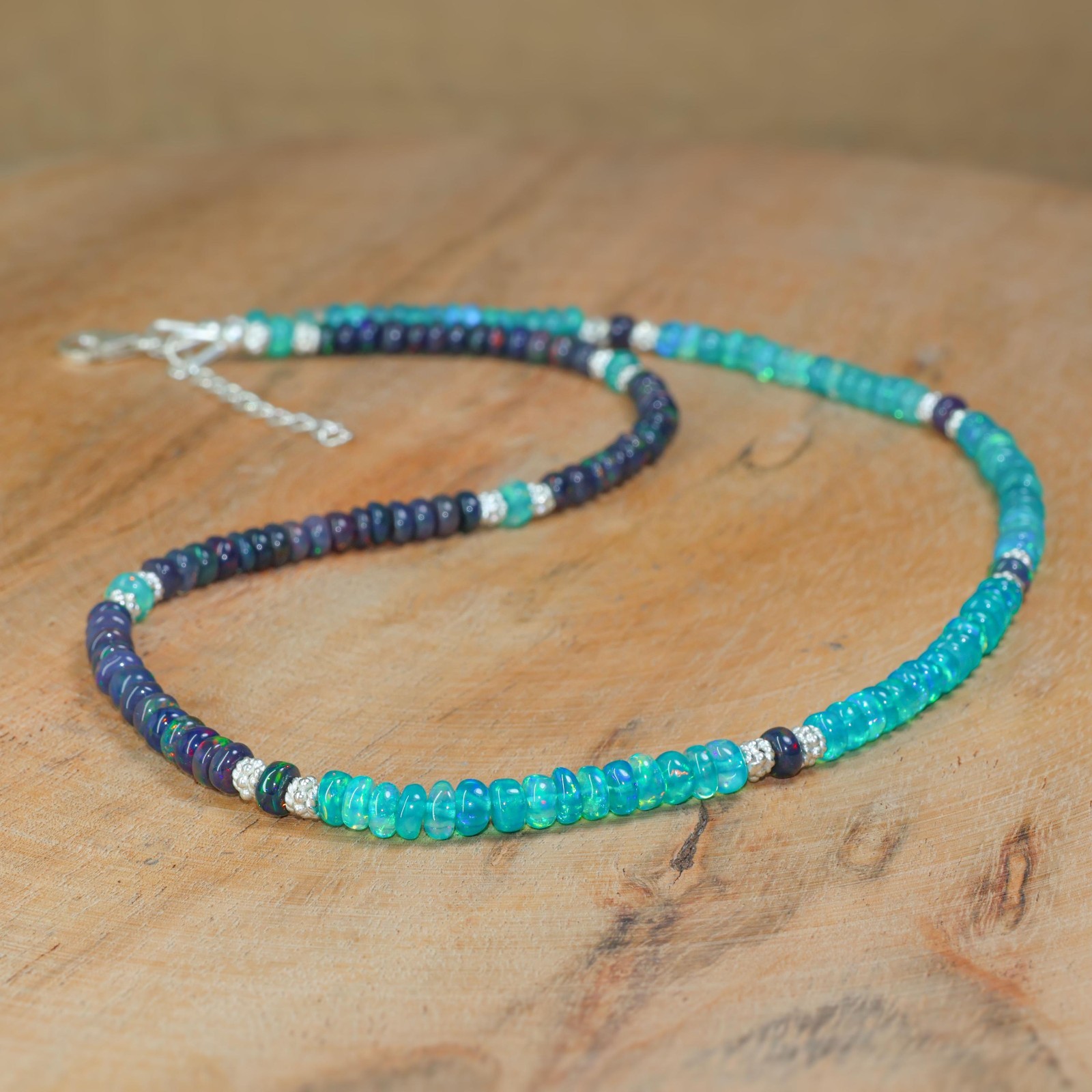 Green and Black Fire Opal Gemstone Beaded Necklace, Ethiopian Opal Gemstone