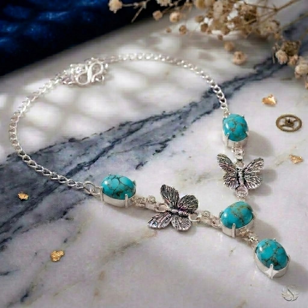 Natural Turquoise Necklace 925 Sterling Silver Butterfly Women Jewelry S-18″
