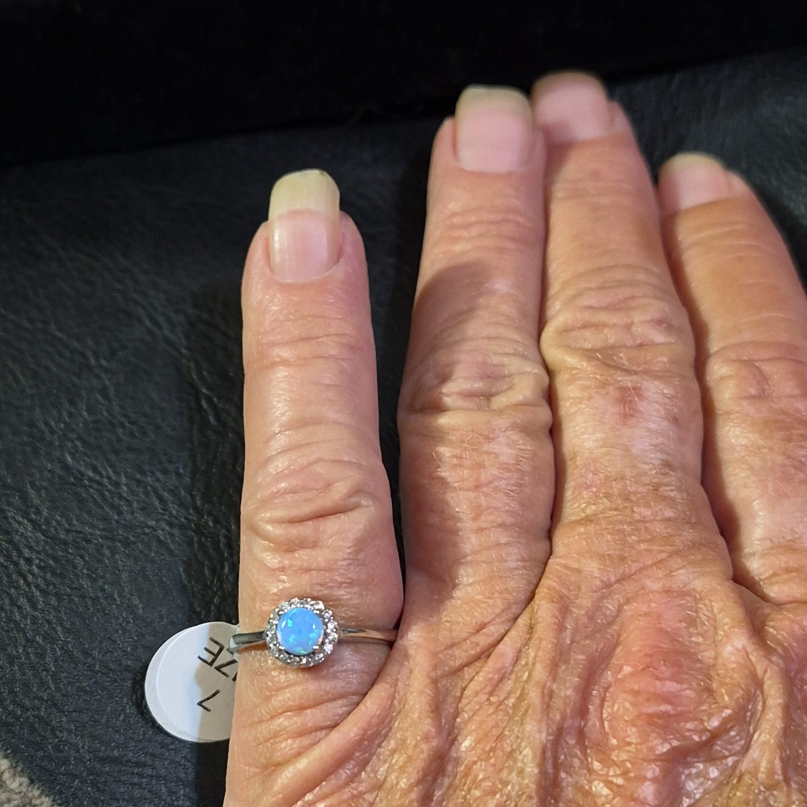 925 Stamped Sterling Silver Blue Round Opal W Halo CZ Cocktail Ring Size 7
