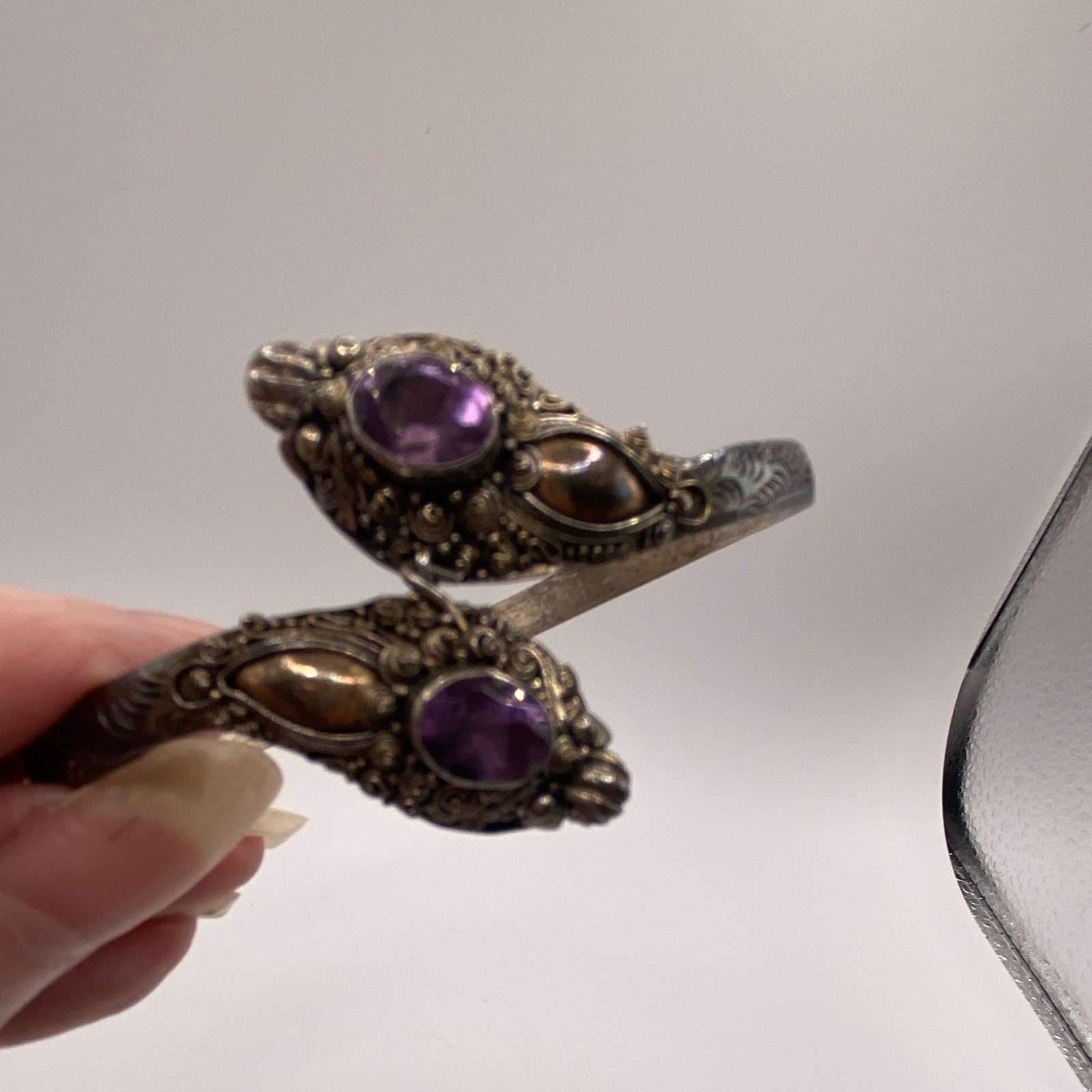 Sterling silver Cuff Bracelet with 2 Oval Purple Amethyst Stones from Bali