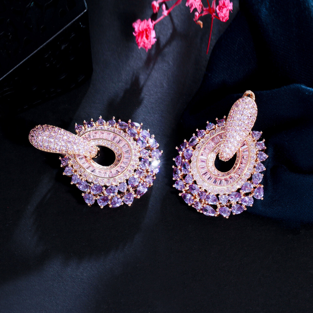 Statement 585 Gold Double Use Purple CZ Big Pave Dangle Drop Earrings for Women