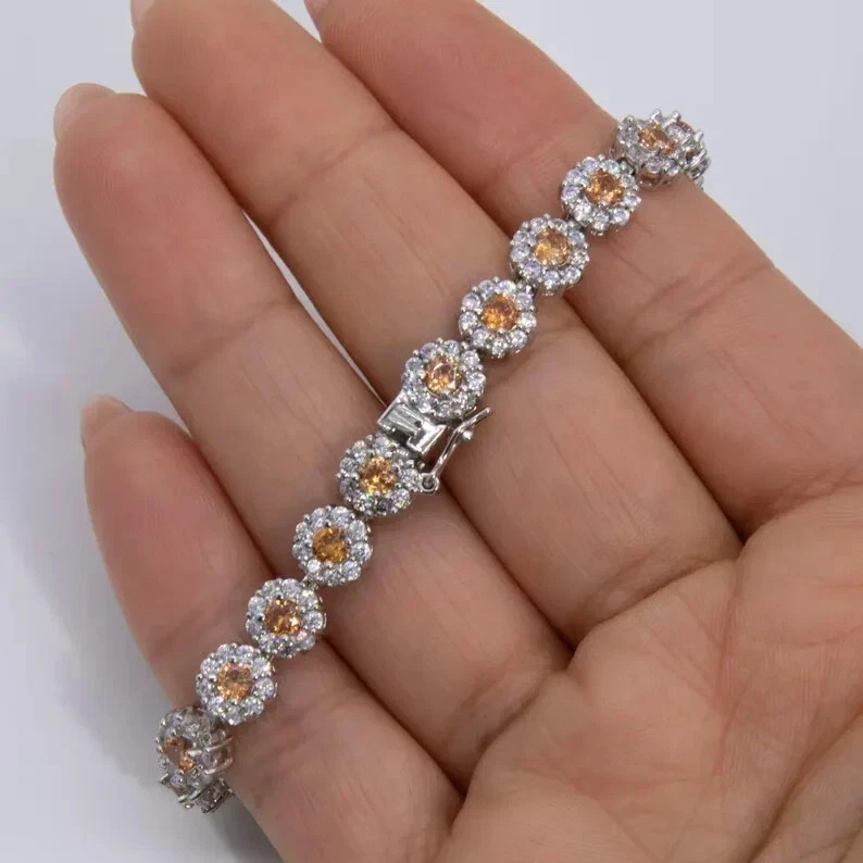 10Ct Round Cut Simulated Citrine Wedding Tennis Bracelet 14K White Gold Plated