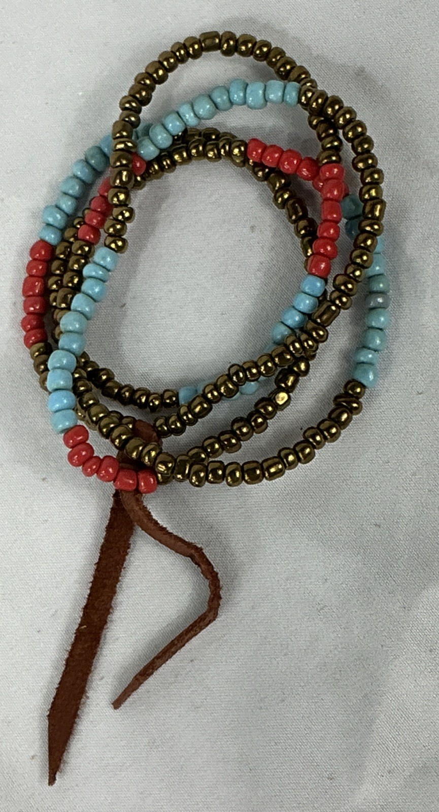RTH Brass Blue & Red Glass Beaded Leather Knot Necklace 28” Length
