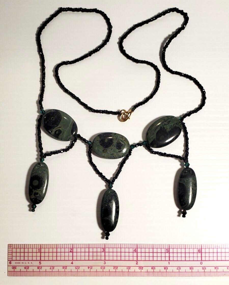 Black & Deep Green Natural Forest Jasper Stone 27″ Length Festoon Necklace OOAK