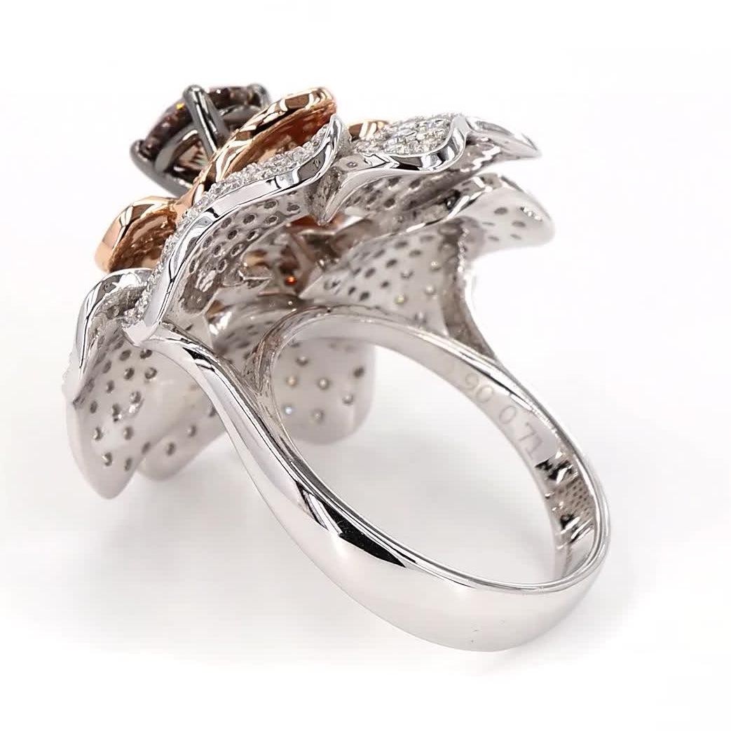 0.90 ct Natural Brown Diamond Floral Bloom Band Ring 18k Solid Gold Pave Floral