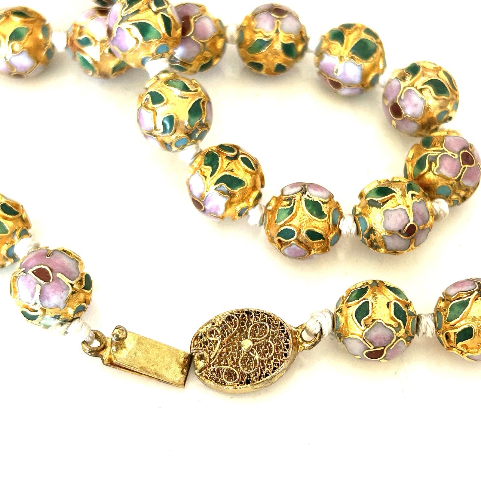 Vintage Chinese Export Cloisonne Enamel Bead Necklace Gold Tone Floral 26”