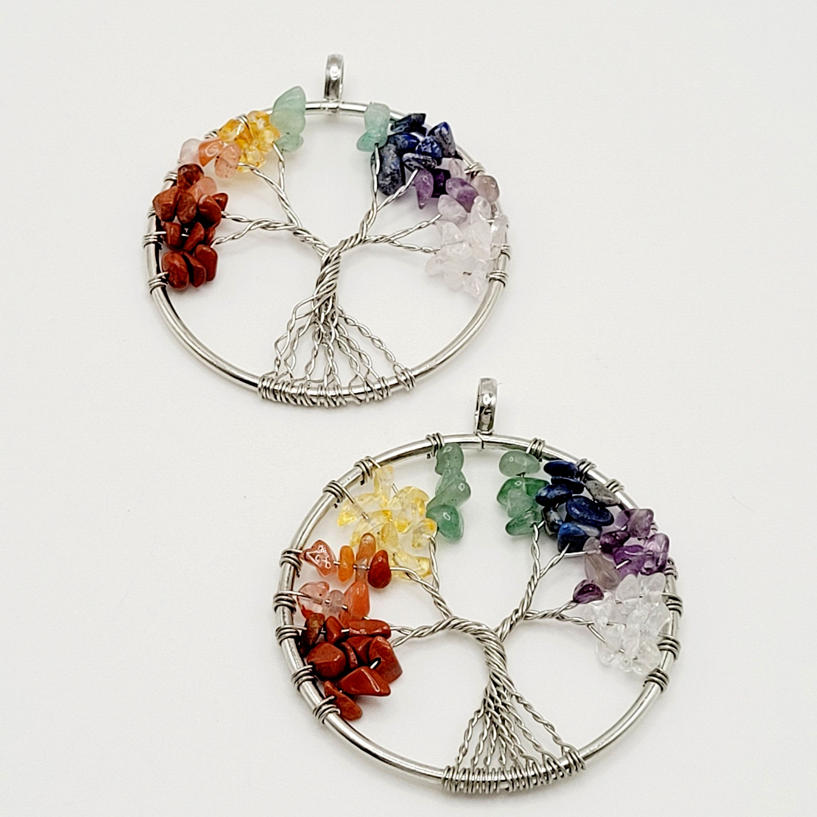 2 Tree of Life Silver Tone Twist Crystal Multi Stone Seven Chakras Round Pendant