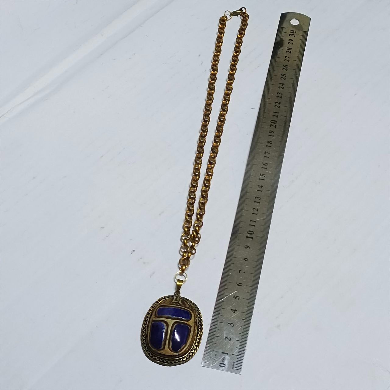 Vintage copper necklace with blue scarab pendant, ancient Egyptian style unique