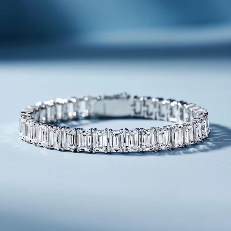Classic 6x4mm Emerald Cut DEF Moissanite Tennis Bracelet 14K White Gold Plated
