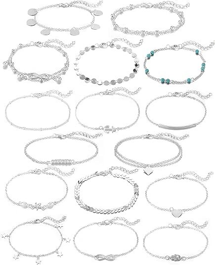 Softones 16Pcs Ankle Bracelets for Women Gold Silver Two Style Chain A:Silver