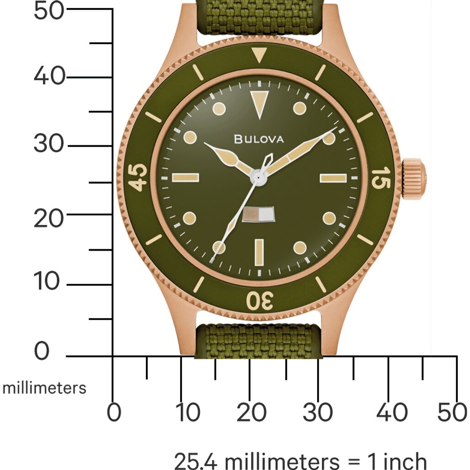 Bulova MIL-SHIPS 98A324 Automatic Green Dial Bronze Case CORDURA Strap Men Watch