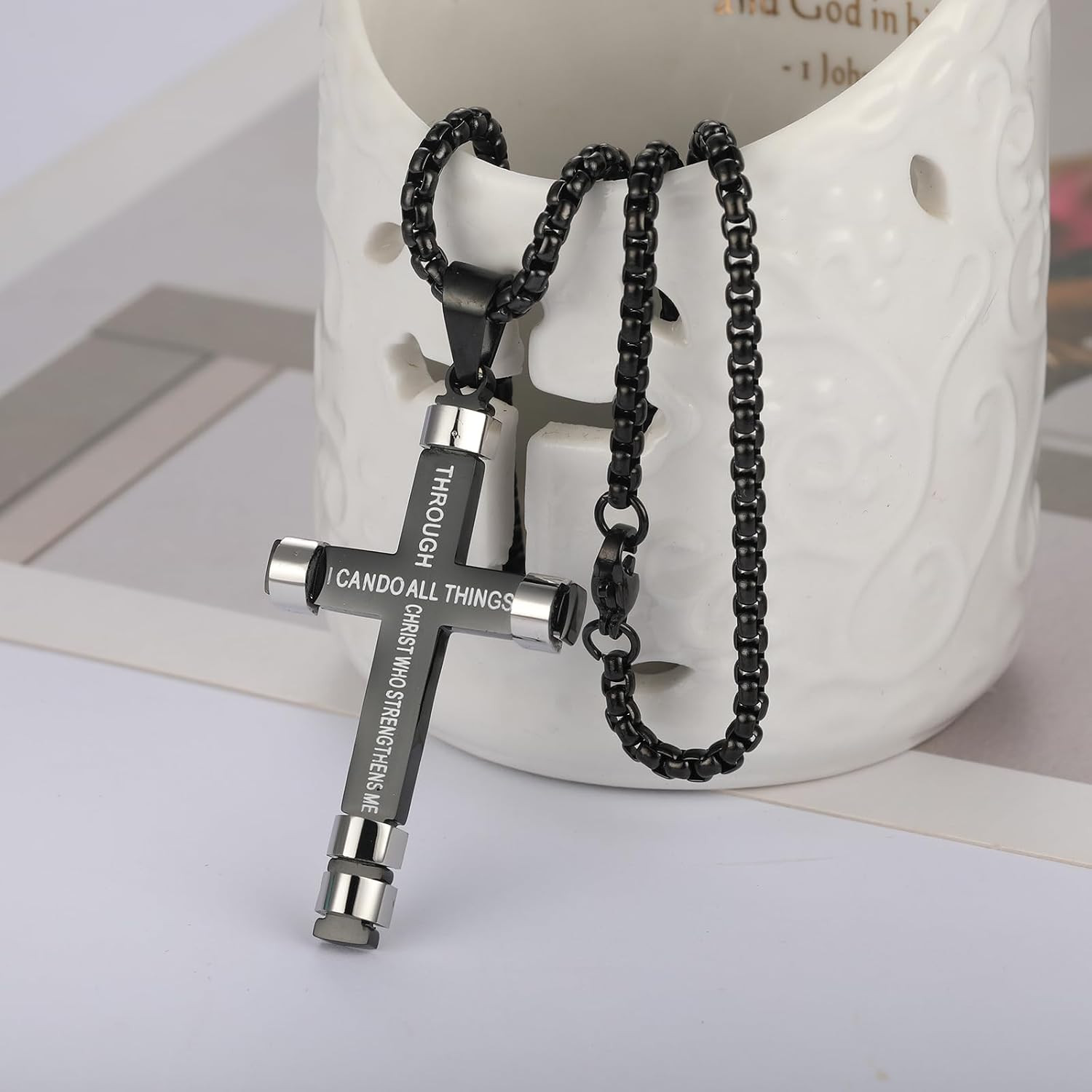 Philippians 4:13 Cross Necklace for Men Strength Bible Verse I CAN DO ALL THINGS
