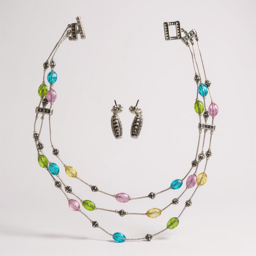 Three Layers multi color faceted glass bead silver tone finish necklace set