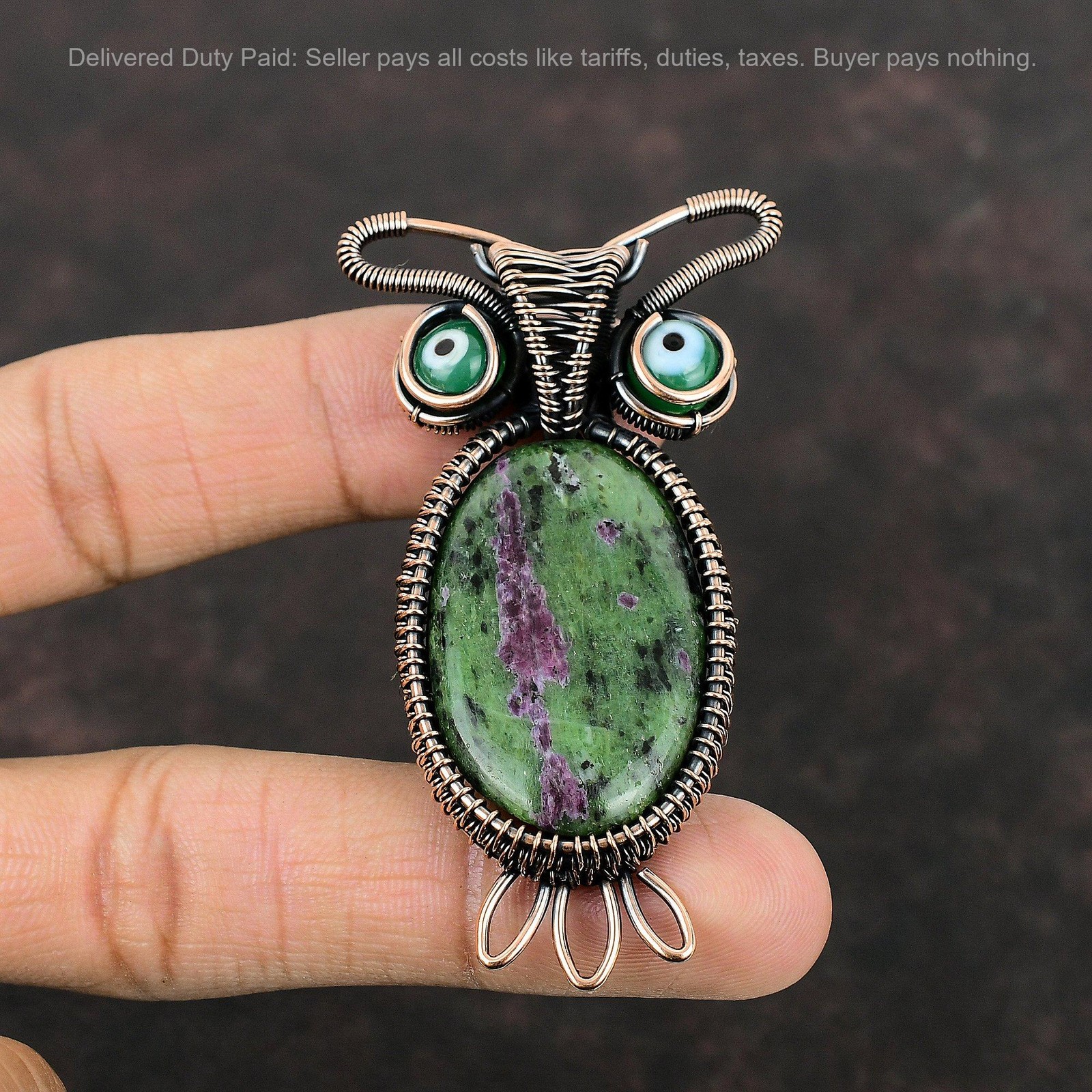 Ruby Zoisite Stone Green Color Evil Eye Copper Wire Wrapped Owl Pendant Jewelry