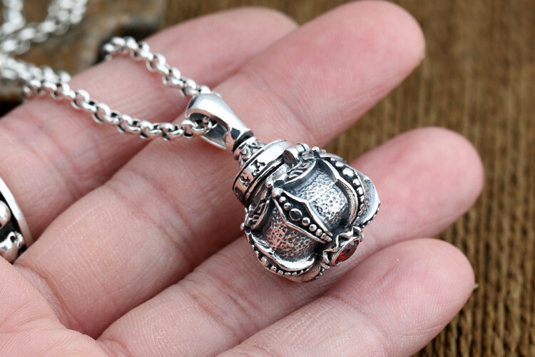 Vintage S925 Sterling Silver LOCKET Pendant PRAYER BOX Red Gem Textured Treasure