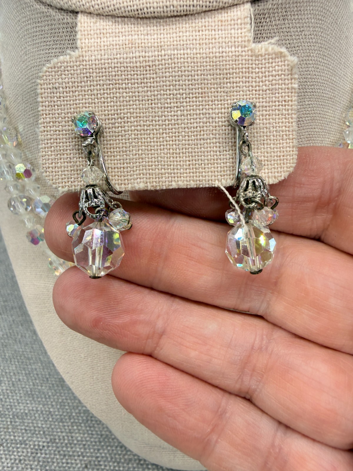 Vintage Necklace Earrings Jewelry Set Faceted AB Crystals Double Strand Clip Ons
