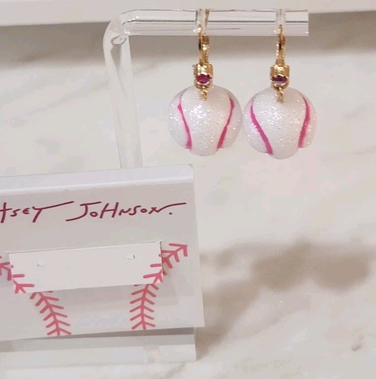 NWT! Betsey Johnson Pink & White Baseball Dangle Game Day Sparkle Earrings