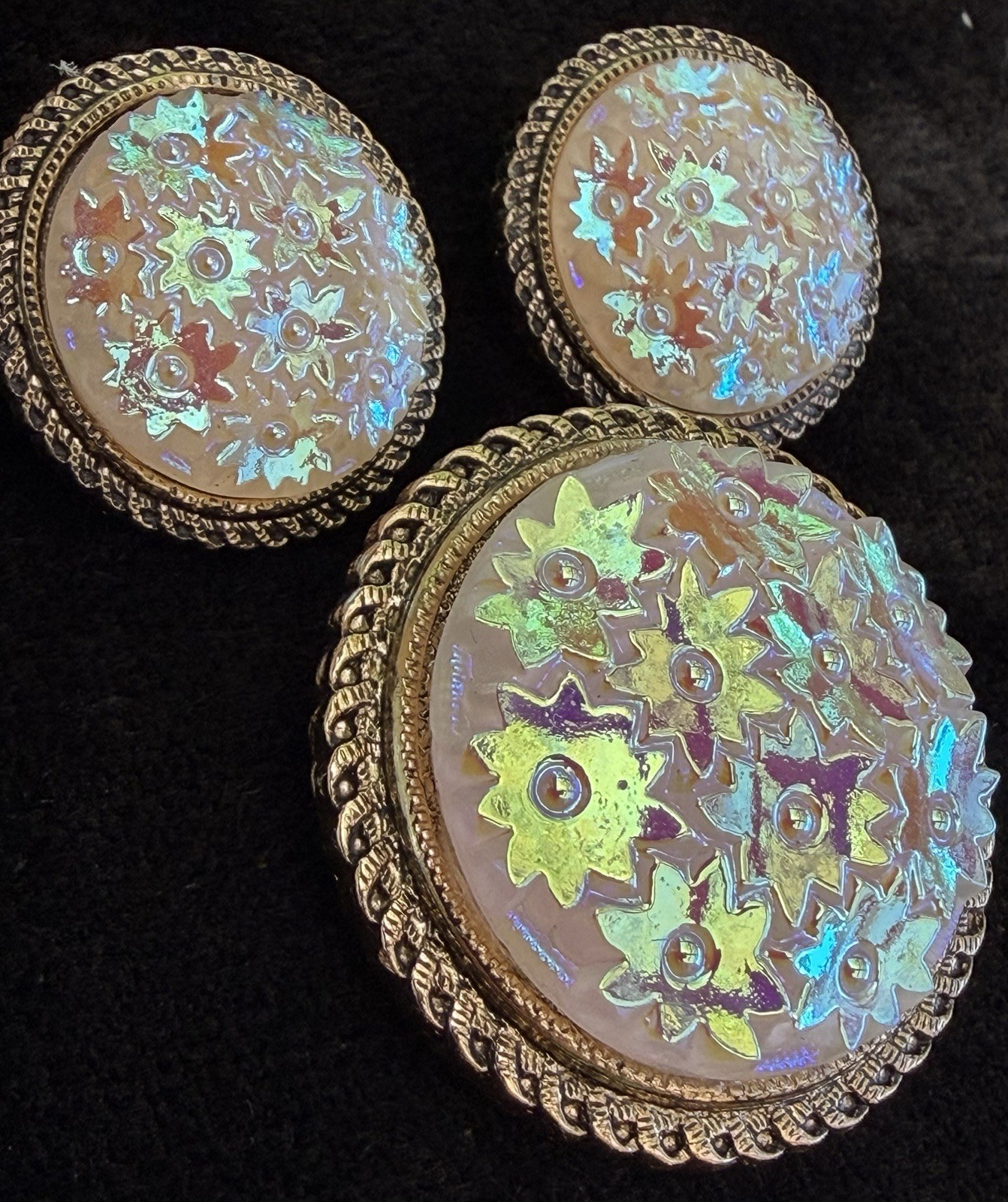 WEST GERMANY molded glass ab star clip Earrings Scarf clip vintage jewelry set