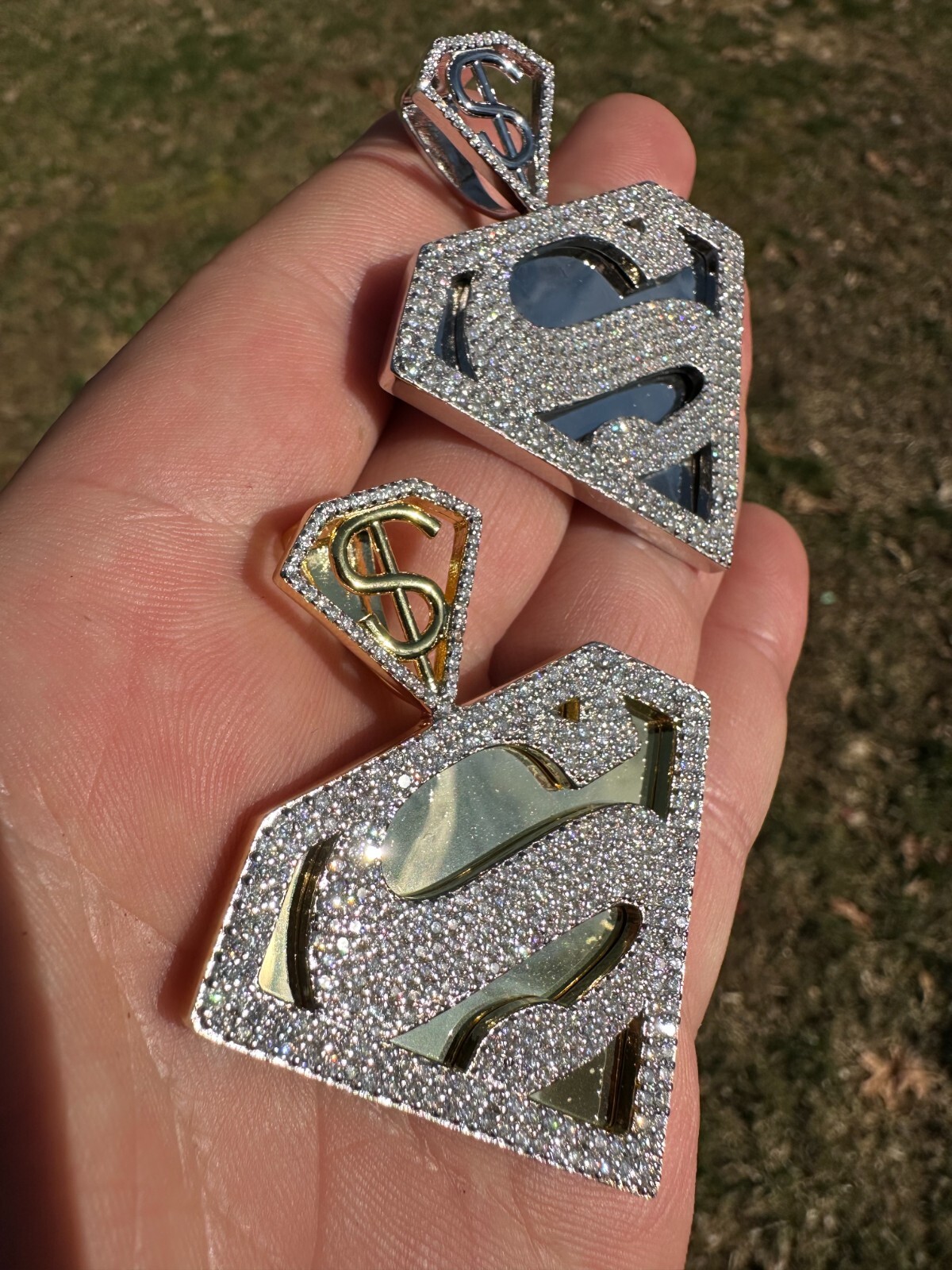 MOISSANITE Real 925 Silver/Gold Plated Iced SUPERMAN Superhero Pendant Necklace