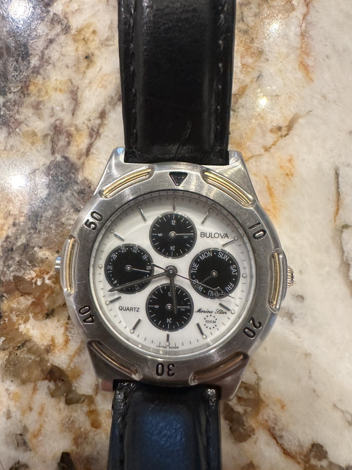 Bulova Marine Star Panda Dial Men’s Watch Runs Keeps Time Brown Leather Strap