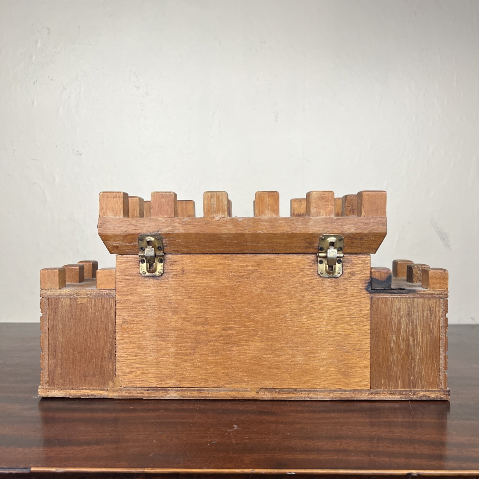 VTG Mid Century Castle Wooden Jewelry Box Red Velvet Lined 13.5″ Medieval Patina
