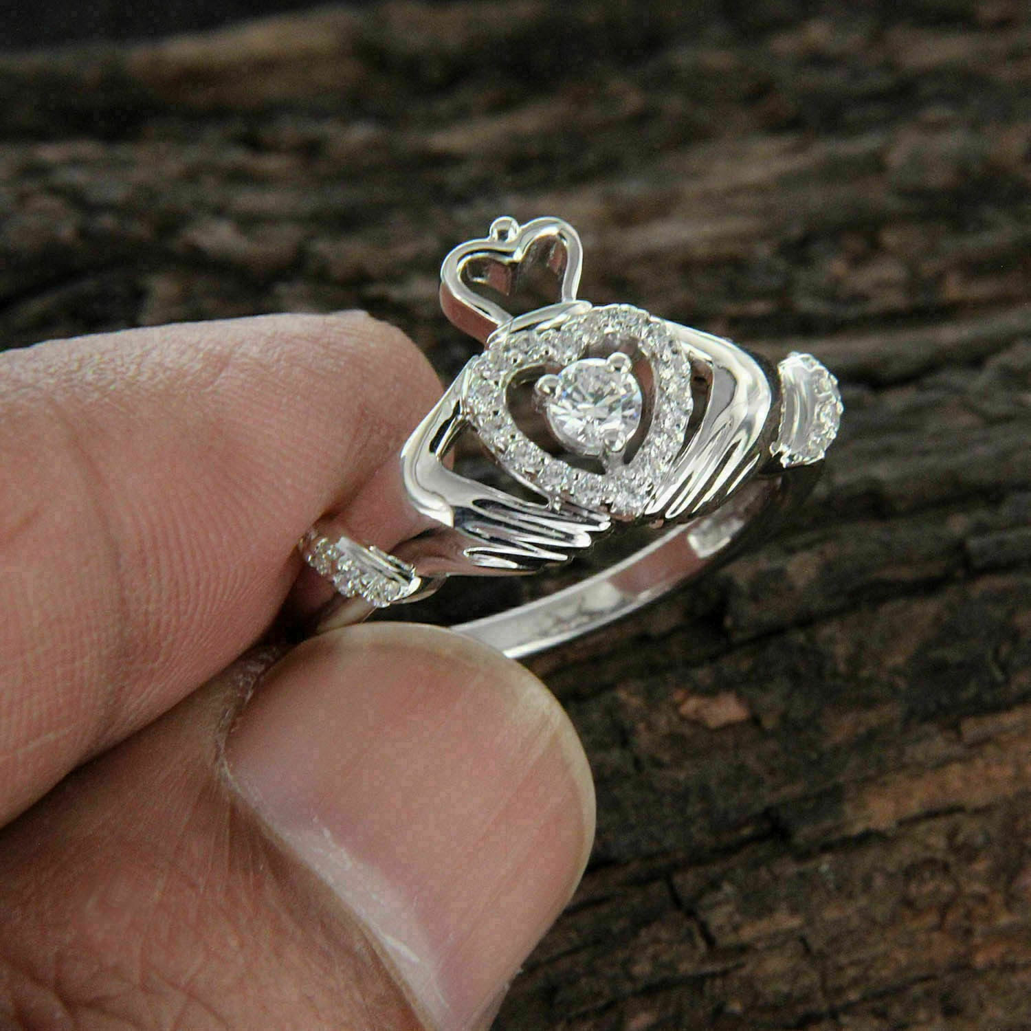 0.85 Ct Round Diamond Irish Claddagh Wedding Bridal Ring 14k White Gold Finish
