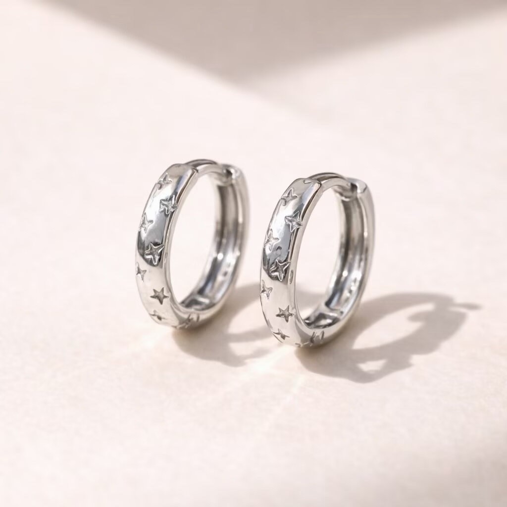 925 Silver Starburst Huggie Hoop Earrings Unisex 13mm Celestial Star Hoop 034