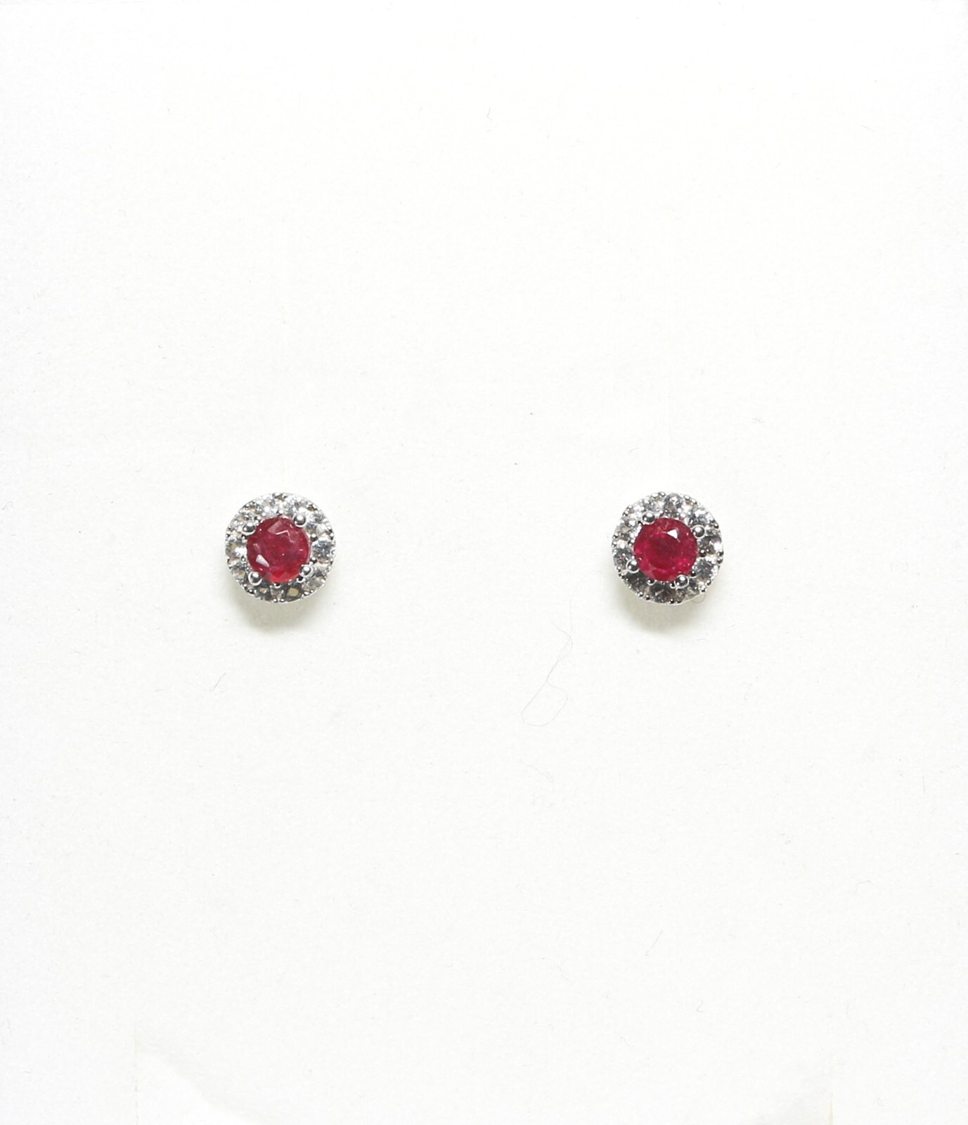 Pair Natural Ruby & CZ Halo Style 6.90mm Sterling Silver Stud Pierced Earrings