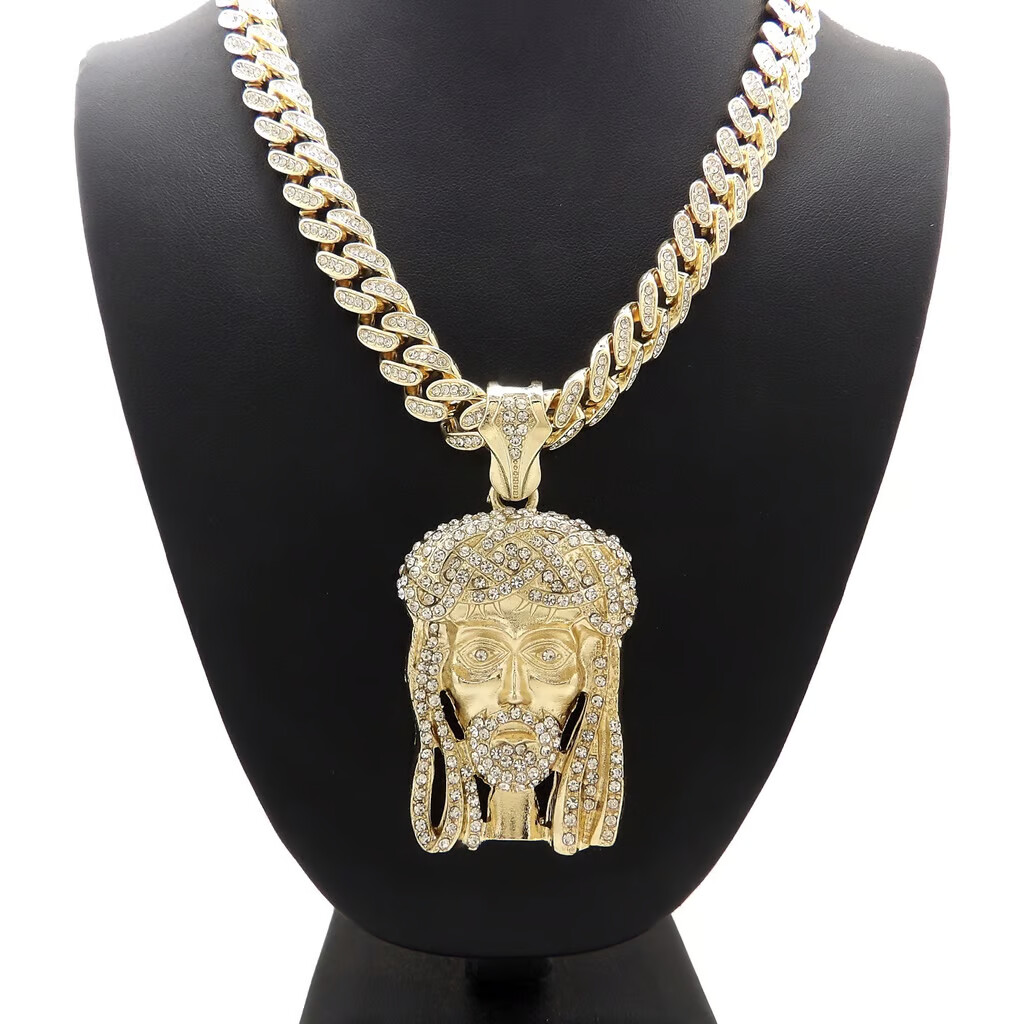 Large Jesus Head Gold plated Cubic Zirconia Pendant & Iced Cuban Chain Necklace