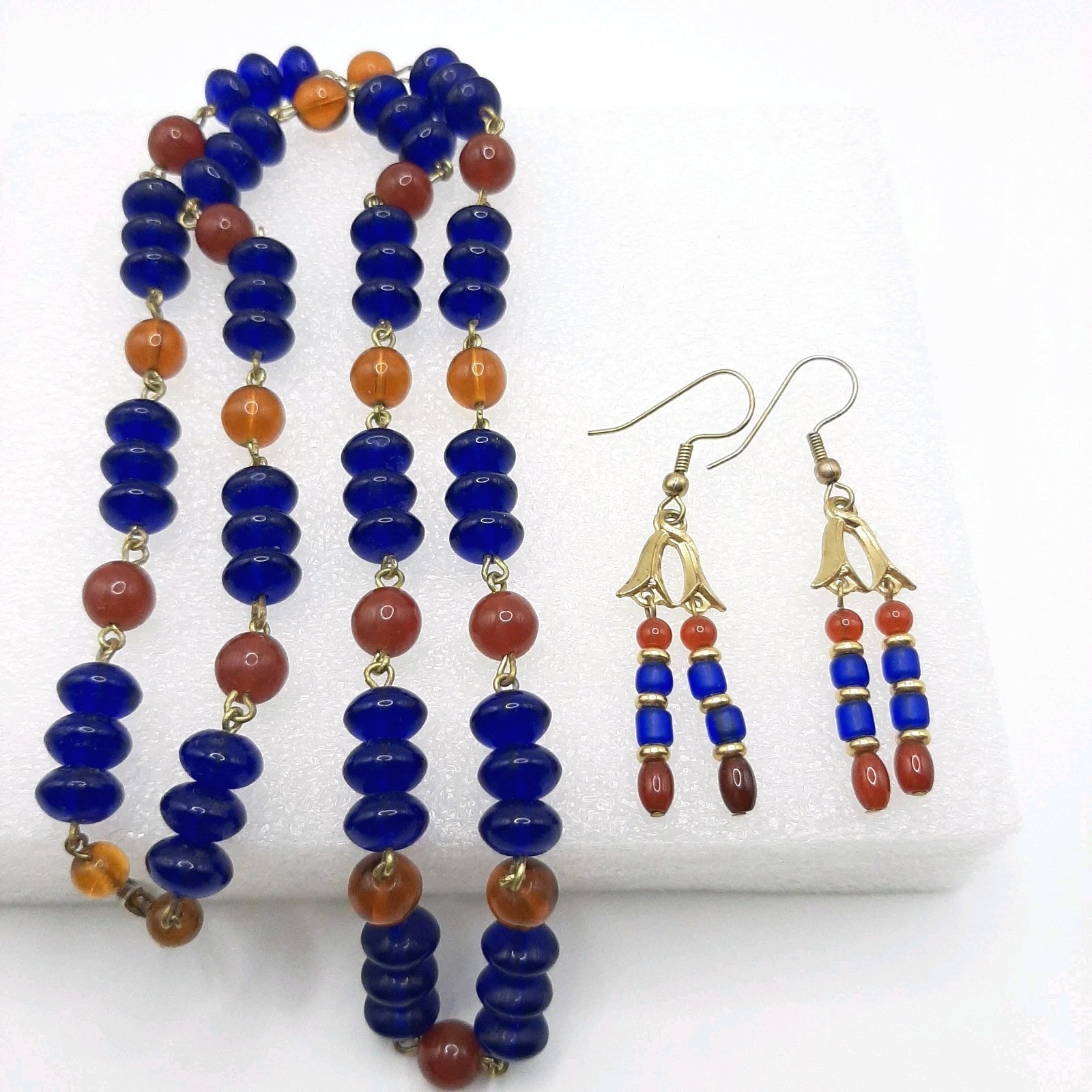 Egyptian Revival Carnelian And Blue Glass Vintage Necklace And Earrings Set
