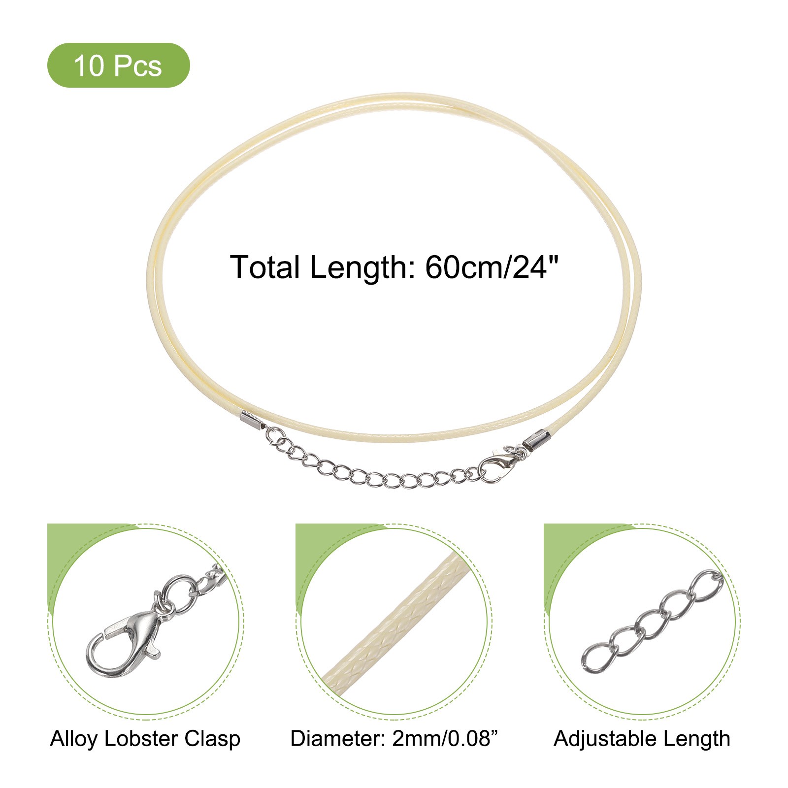 10pcs 24 Inch Waxed Necklace Cord 2mm for Jewelry Making,Cream
